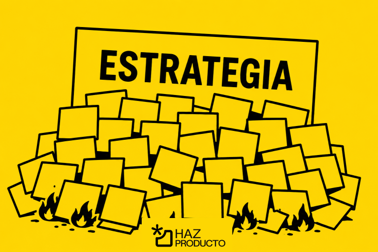 muestra un cartel con la palabra estrategia y está enterrada en postits que se estan quemando
