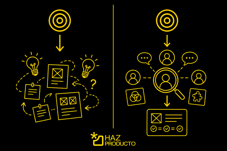 muestra a un lado de la imagen una diana representando el objetivo y como a partir de ahí se generan ideas representado por bombillas al otro lado de la imagen hay otra diana y abajo una lupa representando el discovery y luego la solución representada por un wireframe