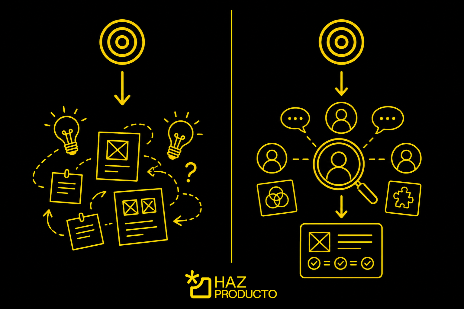 muestra a un lado de la imagen una diana representando el objetivo y como a partir de ahí se generan ideas representado por bombillas al otro lado de la imagen hay otra diana y abajo una lupa representando el discovery y luego la solución representada por un wireframe